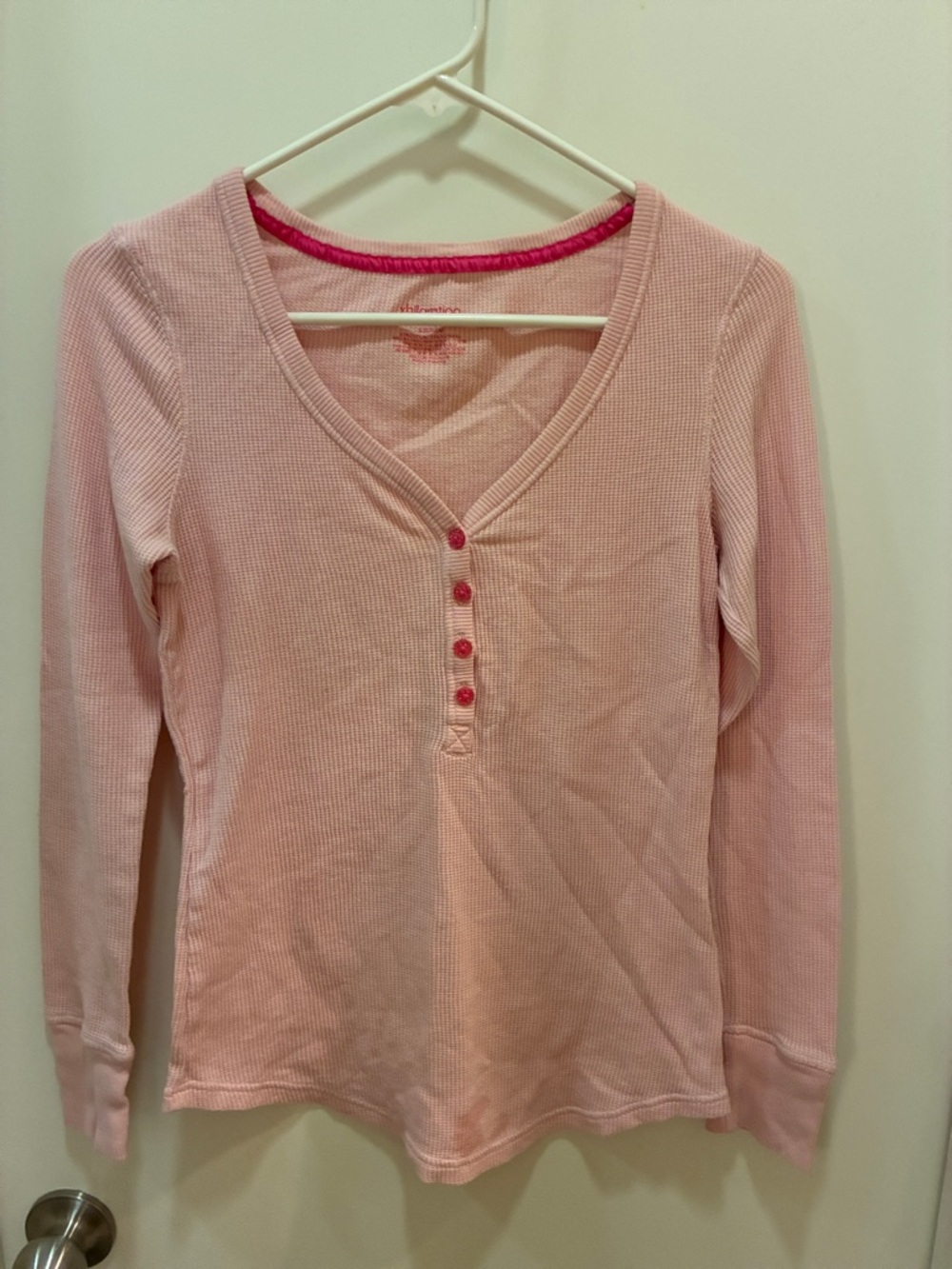 Xhilaration Light Pink Waffle-Knit Henley Sleep Top with Hot Pink Trim